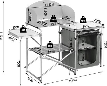 Складана кемпінгова шафа/кемпінгова кухня WOLTU, включаючи сумку для перенесення з алюмінієвою рамою, портативні/складні меблі для кемпінгу на відкритому повітрі з алюмінію та МДФ для пікніків, пляжу, використання на свіжому повітрі, білий сірий