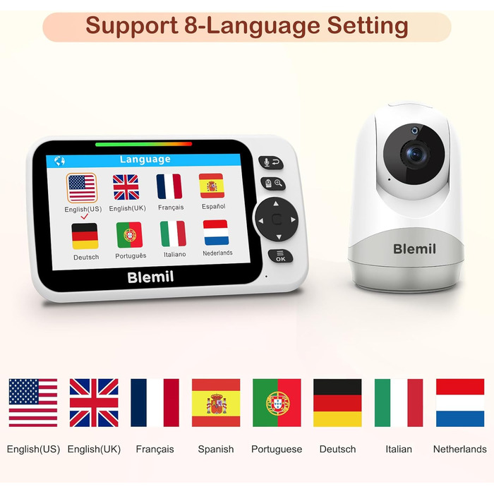 Монітор для дитини з камерою та аудіо, акумуляторна батарея на 30 годин, великий екран 5 футів, камера з дистанційним керуванням п