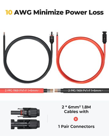 Сонячний кабель BougeRV 6 мм 6 м з фотоелектричною вилкою З'єднувальний кабель IP67 Фотоелектричний сонячний кабель Сонячна вилка 10AWG Сонячна панель Фотоелектричний кабель 6 мм2 6 метрів червоний чорний 1 пара балконна електростанція