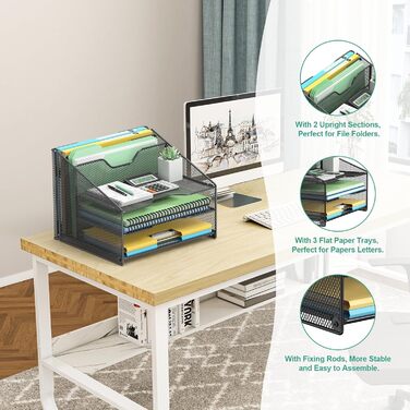 Настільний органайзер OUTWOLF з тримачем для файлів, 3-рівневий органайзер для паперів 2 вертикальні відділення, сітчастий металевий настільний органайзер для файлів A4, паперу, книг, офісного приладдя, чорний