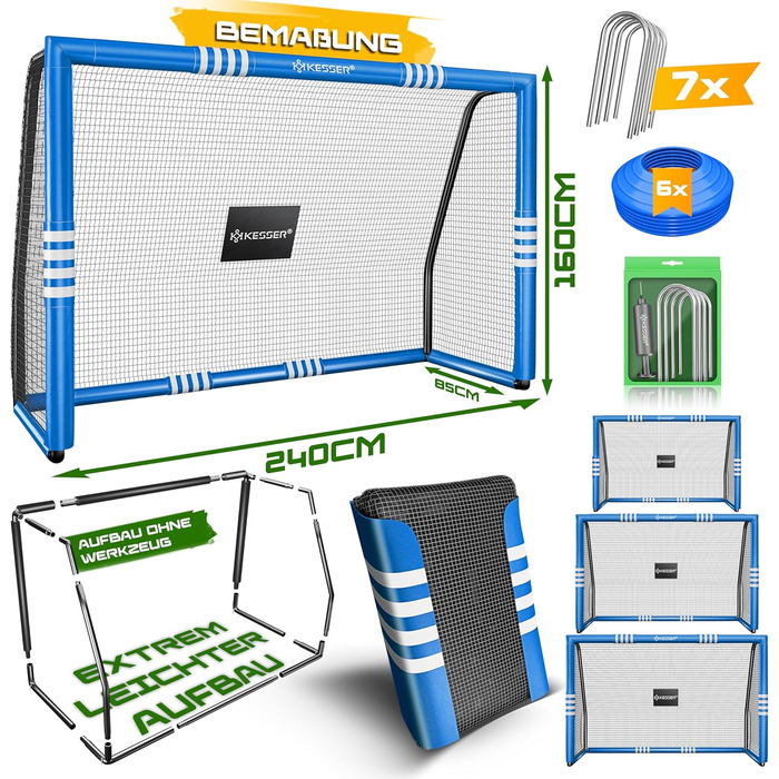 Футбольні ворота KESSER для саду, міцні тренування на свіжому повітрі, тренування зі стрільби, сітка, стійка до ультрафіолету, сталева рама з підкладкою, анкерні кріплення для землі, повітряний насос, конуси, монтажні аксесуари для дітей та дорослих, 240 