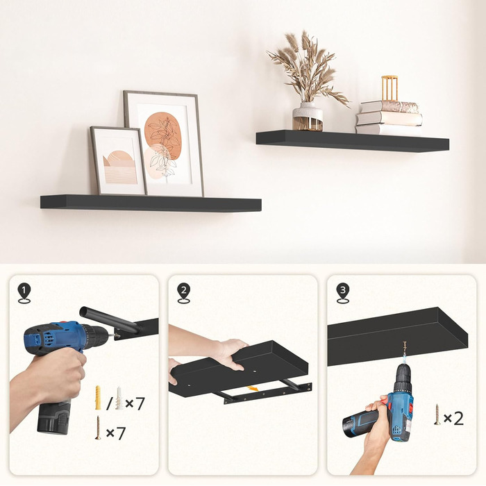 Настінна полиця HOOBRO, плаваюча полиця, 2 шт., міцні настінні полиці, підвісні полиці 80 x 20 x 3,8 см, з невидимими кронштейнами, для ванної кімнати, спальні, кухні, офісу, вітальні, чорна EBK80BJP201 Чорний 80 см