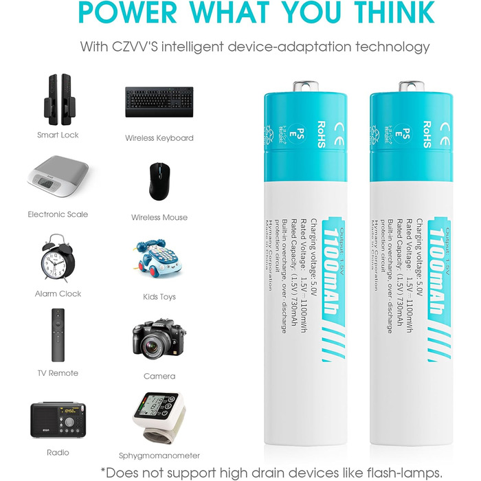 Акумуляторні літієві батарейки AAA 1,5 В - Висока ємність 1100 мВтгод - 1300 циклів зарядки - 8 батарейок із зарядним пристроєм, швидка зарядка за 2 години, постійна потужність, низький саморозряд. Батарейки із зарядним пристроєм, 8 шт. білий зарядний при