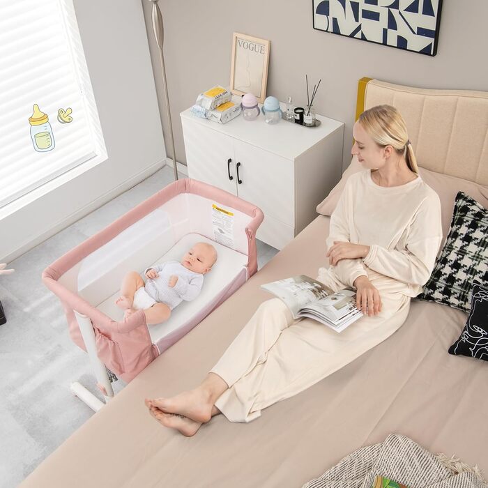 Дитяче ліжечко LIFEZEAL, мобільне дитяче ліжечко 3 в 1 з функцією гальма, регульоване по висоті дорожнє ліжечко для дітей від народження до 9 кг, дитяче ліжечко зі складною бічною панеллю та регулюванням нахилу спинки (рожеве)