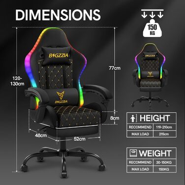 Ігрове крісло bigzzia з RGB LED - Ергономічне ігрове крісло з поперековою опорою та підставкою для ніг, регульоване та поворотне ігрове крісло зі штучної шкіри, 150 кг, чорне зі світлодіодним підсвічуванням