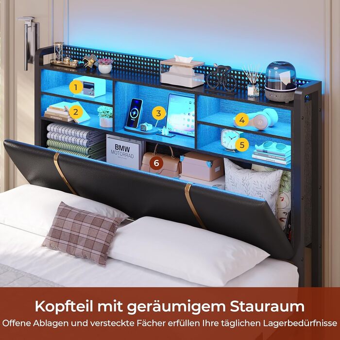 Ліжко 140x200 см, м&39яке ліжко зі світлодіодним підсвічуванням, металевий каркас ліжка, каркас ліжка з 2 шухлядами, узголів&39я з полицею та місцем для зберігання речей, розетка, двоспальне ліжко з рейковою основою, для спальні, PU чорного кольору