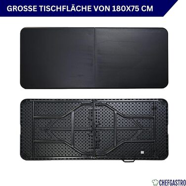 Складаний фуршетний стіл 180x75 см, водонепроникний садовий стіл з ручкою для перенесення, 8 осіб, пластиковий чорний, складаний стіл, портативний кемпінговий стіл на відкритому повітрі для саду, тераси, балкону, вечірки, фуршетний стіл, гладкий чорний