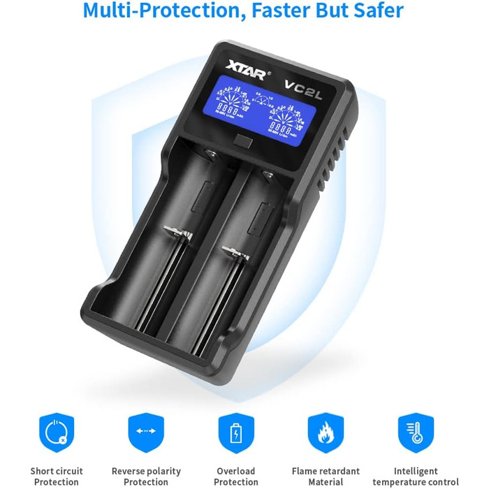 Зарядний пристрій XTAR VC2L USB C Оновлений зарядний пристрій 18650 Швидкий зарядний пристрій 2A 26650 Зарядний пристрій з РК-дисплеєм для батарейок AA AAA CD (VC2L)