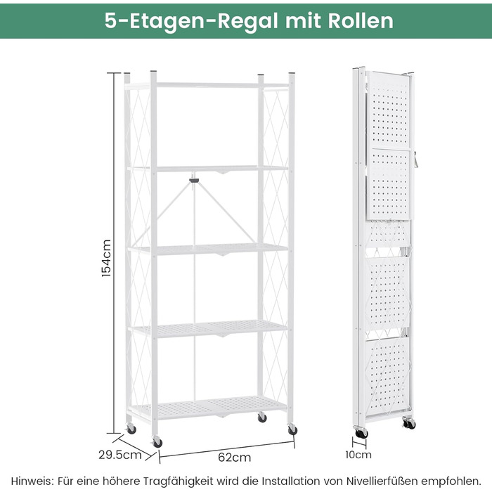 Складана полиця ALANNG на колесах - Окремостояча полиця з 5 полицями, Металева книжкова полиця - Міцна та без складання - Для кухні, вітальні, підвалу, офісу - Біла 154 x 62 x 29,5 см
