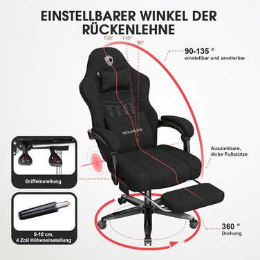 Ігрове крісло Douxlife з тканини та функцією масажу, розширена пружинна подушка сидіння, ергономічне офісне крісло, ігрове крісло для ПК з підставкою для ніг, 158 кг, чорний колір