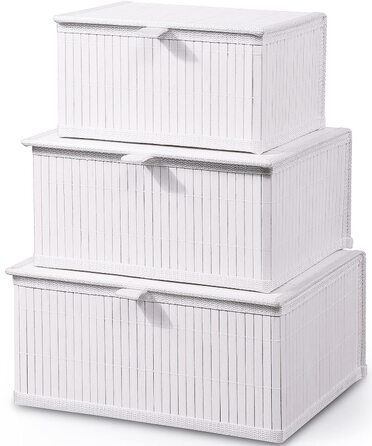 Біла скринька для зберігання Honygebia з кришкою декоративний бамбуковий кошик для зберігання, набір із 3 ротангових кошиків з кришками та тканими тканинними підкладками для ванної кімнати, кухні та організації полиць (великий/середній/малий)