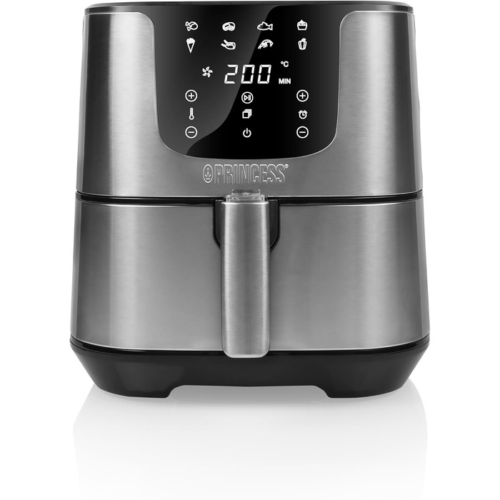 Фритюрниця Princess XXL на 5,5 літрів на 62,2 менше споживання енергії Цифрова фритюрниця Deluxe 8 програм Нержавіюча сталь Без масла Aerofryer 182060, Срібло ЗВИЧАЙНИЙ ДИЗАЙН 5,5 Л
