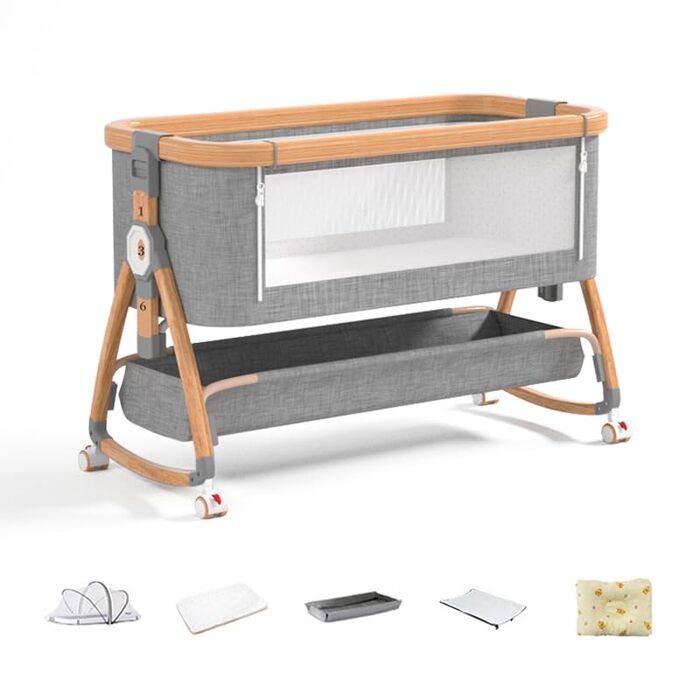 Дитяче ліжечко, безпечний сон, матрац з кокосового волокна, пеленальний столик, легко збирається та складається, портативне ліжечко для новонароджених (Woody)