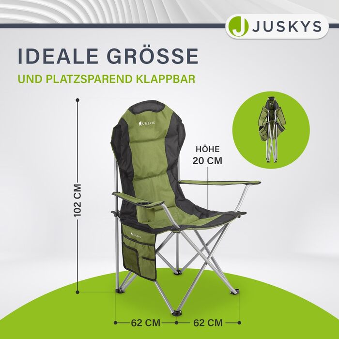 Складаний кемпінговий стілець Juskys Lido з тримачем для напоїв, бічною кишенею та сумкою для перенесення - М&39який складний кемпінговий стілець з підлокітниками та спинкою - 4 кольори зеленого кольору