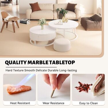 Круглий білий журнальний столик, набір із 2 сучасних столів для вітальні, круглий мармуровий журнальний столик із місцем для зберігання, дерев&39яний бічний столик, білий металевий каркас, гніздові столики для вітальні, спальні, офісу