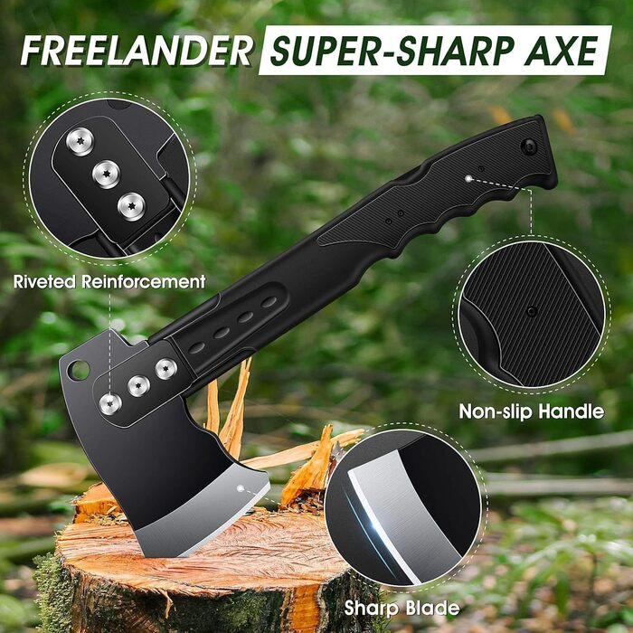 Універсальний туристичний сокира-ніж Freelander 5-в-1 з пилкою, піхвами та свистком, 34 см, для кемпінгу, походів та виживання, чорний