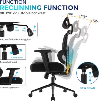 Ергономічне офісне крісло IWMH, стілець для роботи з регульованим підголівником, підлокітниками, поперековою опорою, обертове крісло з функцією гойдання, крісло керівника з сітки, комп&39ютерне крісло, обертове крісло для полегшення болю в спині, 180 кг