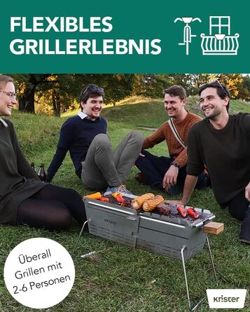 Портативний вугільний гриль Knister Ідеально підходить як кемпінговий гриль та вогнище Для 2-6 осіб З міцною решіткою з нержавіючої сталі та виготовлено в Німеччині Чорний