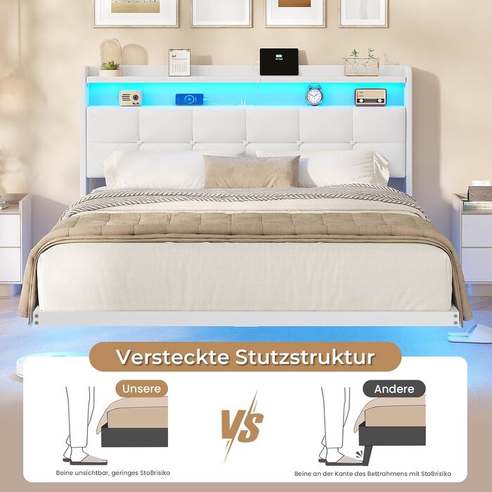 М&39яке ліжко 140x200 см, Ліжко 140 x 200 зі світлодіодним освітленням та зарядною станцією, Каркас ліжка з узголів&39ям, Каркас двоспального ліжка Плаваючий каркас ліжка, Металеве ліжко, ПУ, Сучасне, Біле (без матраца) 140 x 200 см Білий