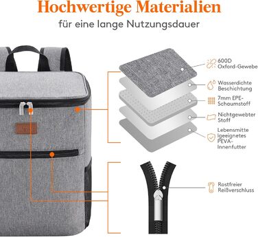 Рюкзак-холодильник Lifewit 21L 30 Can, сумка-холодильник, сумка для пікніка, велика ізольована сумка-холодильник для чоловіків та жінок, для пляжу, пікніка, кемпінгу, барбекю, походів, сірий