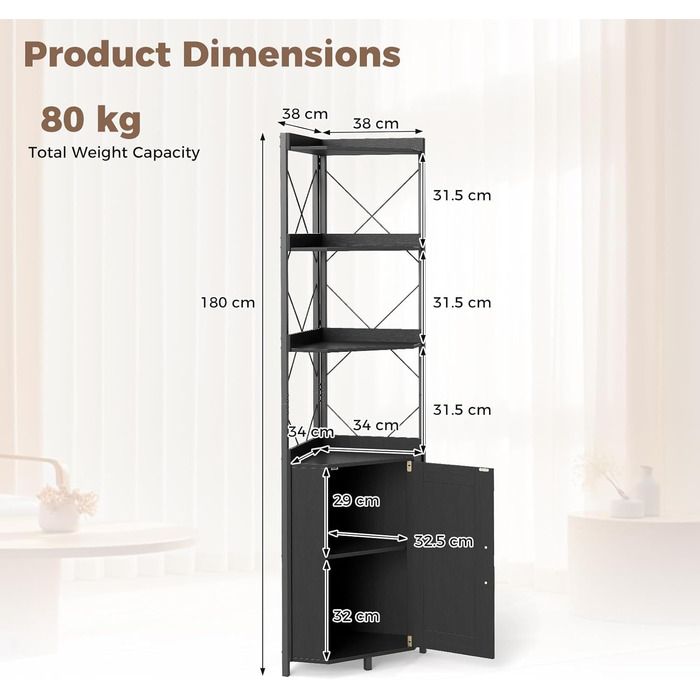 Кутова стелажна тумба GIANTEX з шафою та 6 полицями, кутова шафа заввишки 180 см з 5-ярусними регульованими полицями, окремостояча кутова вітрина з дверима, полиця для зберігання в індустріальному стилі (чорна)