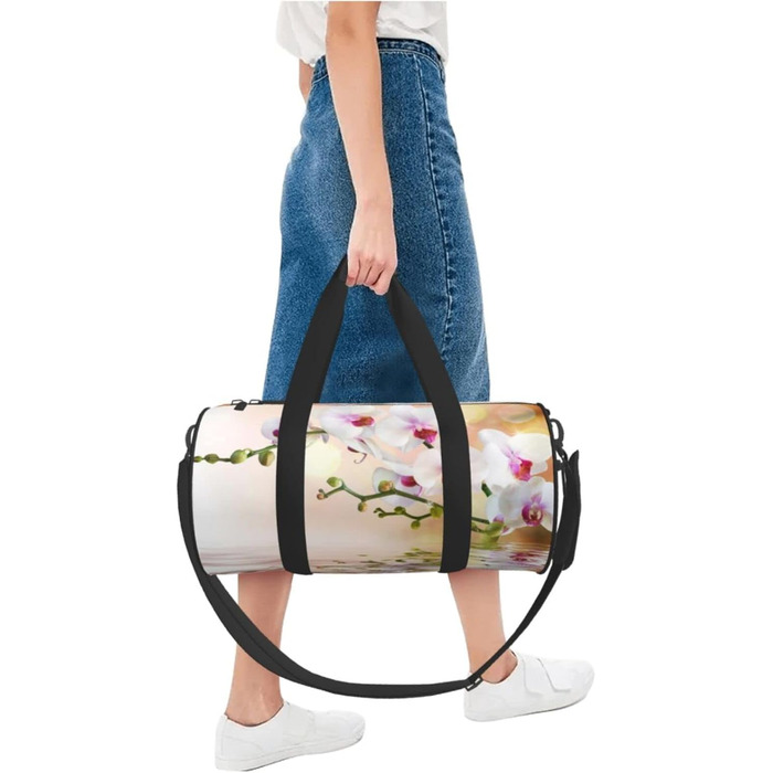 Спортивна сумка для подорожей, дизайн білі орхідеї у ставку, Чорний колір, Універсальний розмір, Дорожня сумка
