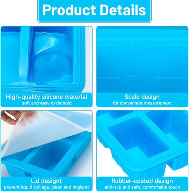Контейнери для заморожування супів, 2 шт., силіконові кубики для супу з кришками, морозильна камера без бісфенолу А, лоток для кубиків льоду в морозильній камері для бульйону, соусу та льоду (синій)