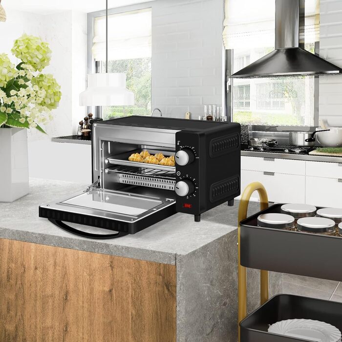 Міні-піч WANNYTON, духовка 10 л, 650 Вт, 100-230 C Таймер 0-60 хв. включно Деко для випікання Ручка для зняття решітки гриля, подвійні скляні дверцята, духовка для піци Торт Хліб, 36,5x22,28,5 см 10 л Чорний