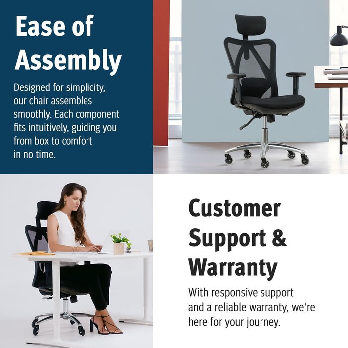 Ергономічне офісне крісло, регульоване робоче крісло з поперековою опорою та роликовими коліщатками, висока спинка, дихаюча сітчаста тканина, товста подушка сидіння, підголівник та підлокітники, чорний колір