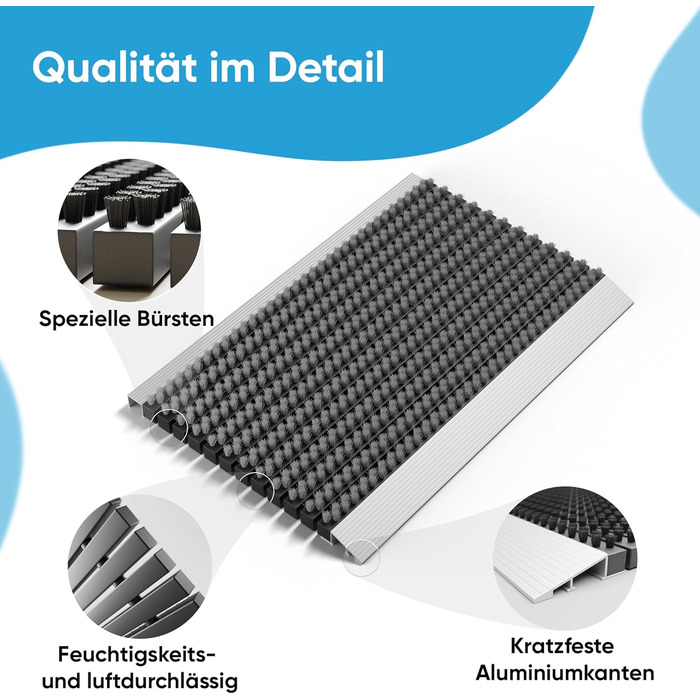 Вуличний алюмінієвий килимок для дверей зі щітками, сірий, килимок для збору бруду 50 x 80 см, вуличний килимок для дверей, алюмінієвий килимок для дверей, килимок для вулиці, скребок для взуття для входу в будинок, килимок для вулиці з щіткою, килимок дл