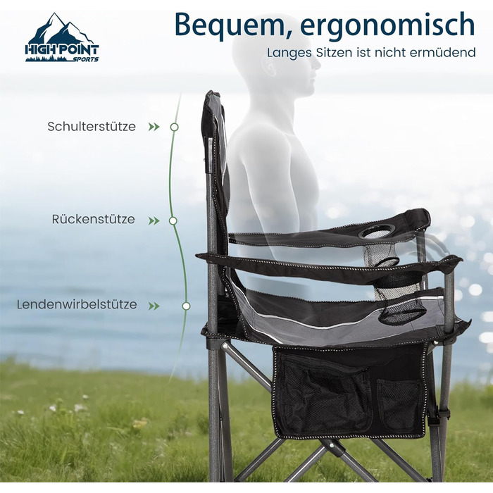 Складане кемпінгове крісло HIGH POINT SPORTS, Рибальське крісло, Розкладне, Вантажопідйомність 160 кг, Розкладне крісло з підлокітниками, Підставка для напоїв, Сталева рама, Портативне кемпінгове крісло, Чорне/Сіре