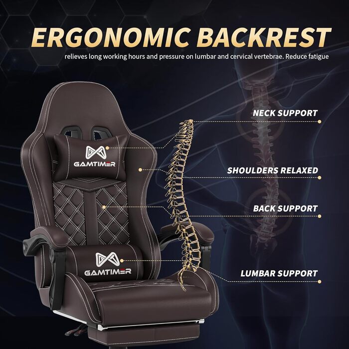 Ігрове крісло, Велике ігрове крісло, Ергономічне офісне крісло з підставкою для ніг, Ігрове крісло 200 кг, Ігрове крісло зі штучної шкіри, Регульоване по висоті крісло з поворотом на 360 (Коричневе)