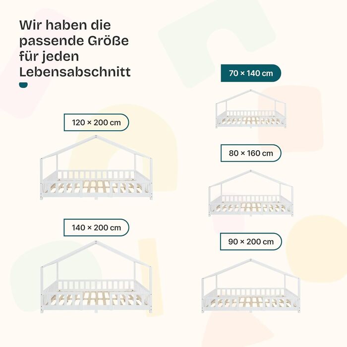 Дитяче ліжко Treviolo House 70 x 140 см, дерев&39яне, з поручнями, каркас ліжка Монтессорі з рейковою основою, соснове дерево, біле, 70 x 140 см