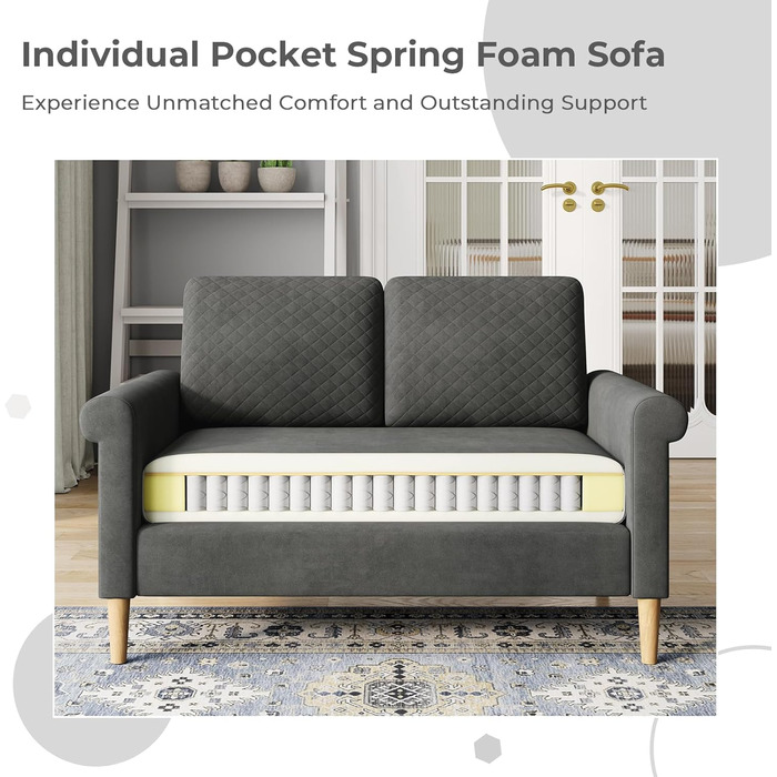 Місний диван Vesgantti, невеликий тканинний диванчик з підлокітниками, міні-диван для вітальні/квартири/офісу, легке складання, 123 x 70 x 88 см, сірий, міні-2-місний, 2-