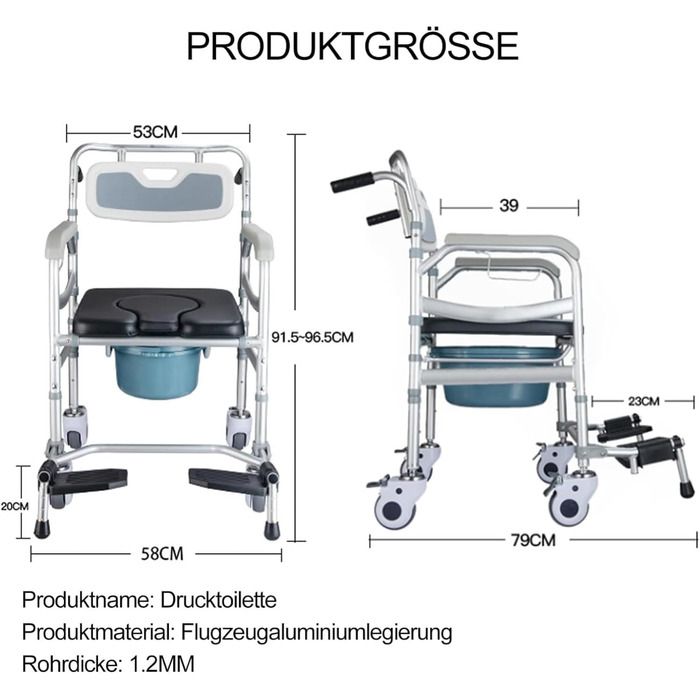 Туалетне крісло UHJKLA для спальні з колесами, регульоване по висоті крісло для унітазу, знімне відро, туалетне крісло з підтримкою рухливості та 4 стільці з замком