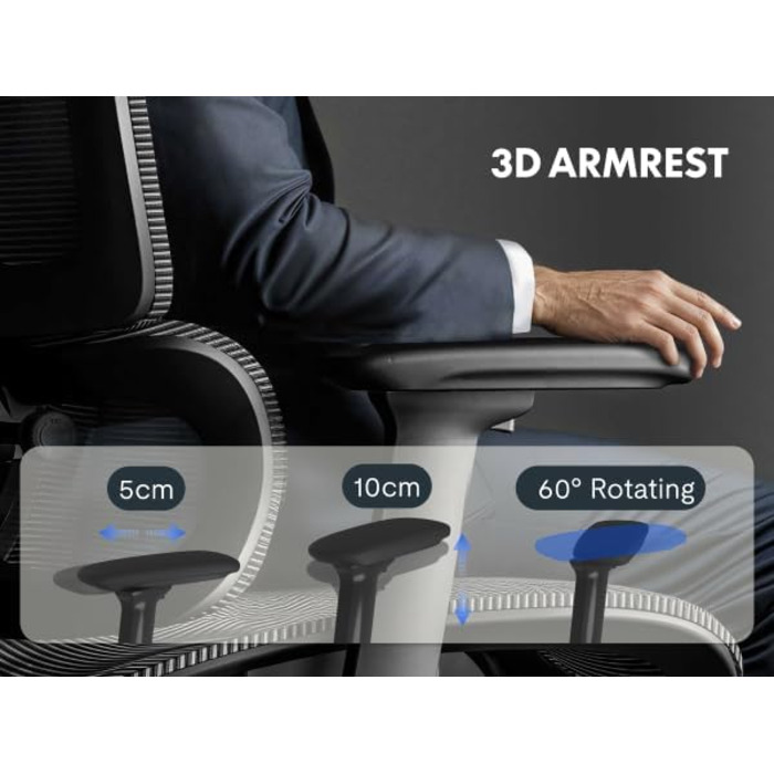 Ергономічне офісне крісло FLEXISPOT, стілець для роботи, 3D підлокітники, 3D підголівник, 5D регульована спинка, дихаюче сидіння, вантажопідйомність до 136 кг, ErgoX, темно-сірий, сірий Lite