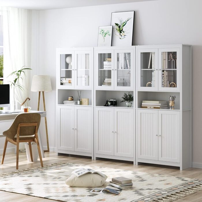 Книжкова шафа-вітрина з дверцятами Висока шафа Вітальня Буфет Їдальня Багатофункціональна шафа Біла 84x32x190 см, 190