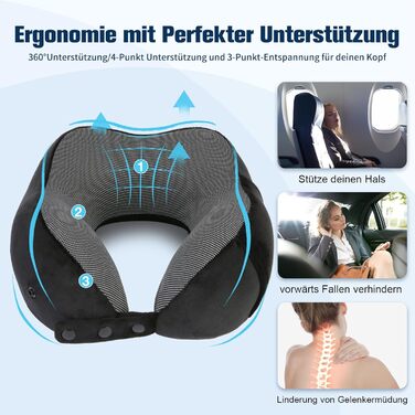 Регульована компактна Neck Pillow Travel, ергономічна мяка дихаюча подушка з берушами, маска для очей, сумка для перенесення