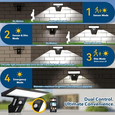 Вуличні сонячні ліхтарі JESLED з датчиком руху, 90 світлодіодних сонячних ліхтарів з пультом дистанційного керування, сонячний захисний настінний світильник ємністю 2600 мАг, 3 режими, водонепроникний настінний світильник IP65 для саду, двору, гаража