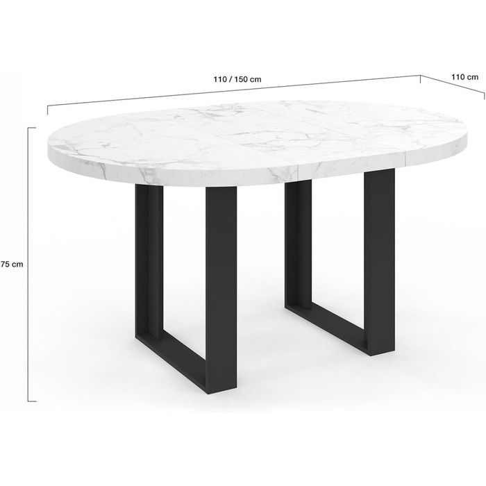 Розкладний круглий обідній стіл Phoenix, 4-6 осіб, стільниця під мармур білий Аляска, 110-150 см
