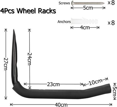 И міцних гачків для гаражних коліс, настінний кронштейн 40 см, вантажопідйомність 45 кг (27 см x 40 см) 27 см x 40 см Чорний, 4 шт.