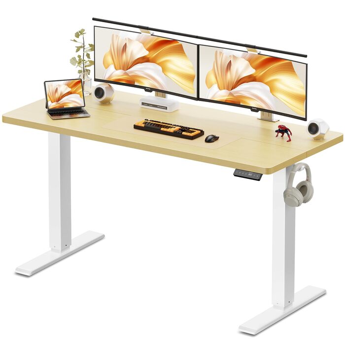 Стіл з регульованою висотою, електричний комп&39ютерний стіл 140 x 60 см, стіл для роботи сидячи та стоячи з 4 положеннями пам&39яті, стіл для роботи стоячи з 2 гачками для офісу, з&39єднувальна пластина, дуб