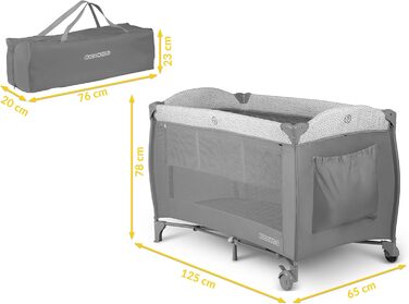 Дитяче ліжечко Ricokids з матрацом, 125 x 65 x 78 см, дорожнє ліжечко, вагою до 15 кг, 2 колеса з гальмами, бічний вхід, сумка для перенесення, функція гойдання, ігрова арка, пеленальний столик, складний, світло-сірий