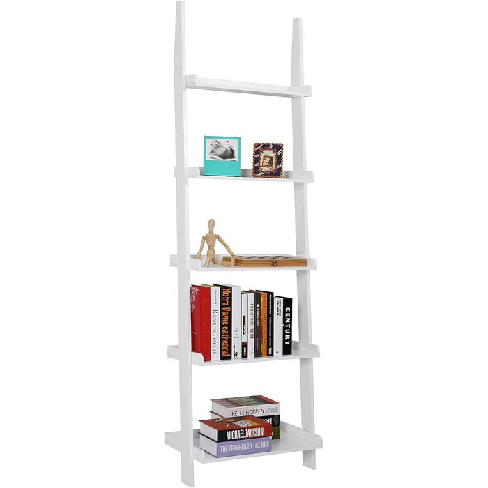 Полиця-драбина Casaria Біла 180x65 см 5 полиць, вантажопідйомність 10 кг кожна, Дерев&39яна, Велика, Декоративна, Квіти, Книги, Ванна кімната, Вітальня, Кухня, Окремостояча полиця, Книжкова полиця, Полиця