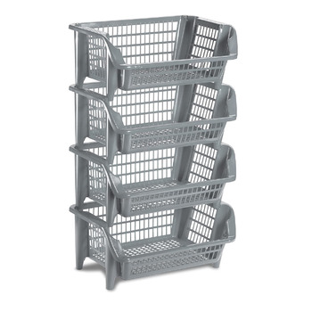 Стелаж Kreher, що складається з чотирьох штабельованих пластикових кошиків сірого кольору. Штабельується та вкладається. Можна розширювати за бажанням.