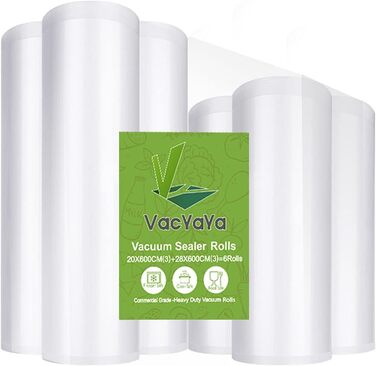 Вакуумні пакувальники VacYaYa 6 рулонів (3)20x600 см і (3)28x600 см вакуумні пакувальники для харчових продуктів, вакуумні пакети без BPA, пакети sous vide плівки для вакуумних пакувальників та плівкових запаювачів Підходить 6 рулонів 28 см x 6 м (3 рулон