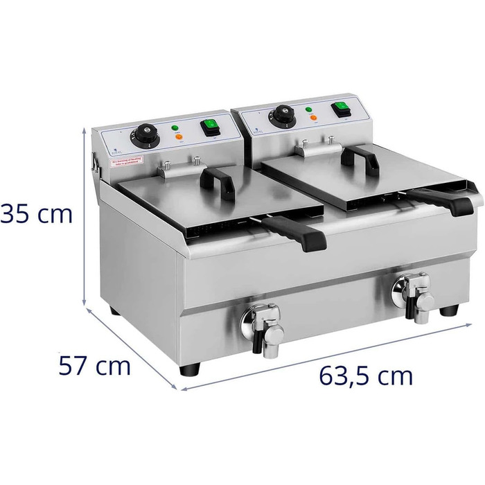 Подвійна фритюрниця з нержавіючої сталі Royal Catering RCEF 10DB (2 x 3,000 Вт, ємність 2 x 10 л, діапазон температур 50-200 C, холодна зона, зі зливними кранами)