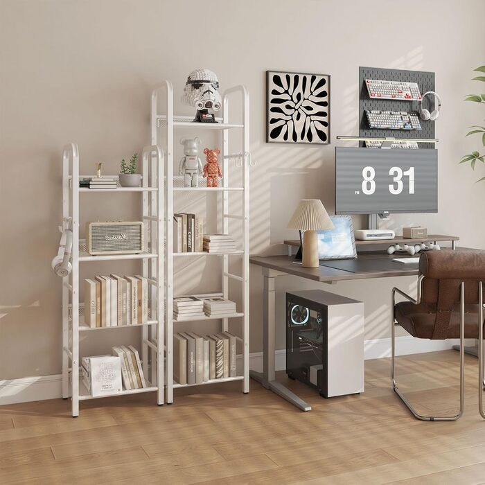 Окремостояча полиця, книжкова полиця, полиця для зберігання з 5 рівнями, 8 S-подібних гачків, металевий каркас, мінімалістичний стиль, органайзер для вітальні, домашнього офісу, спальні, ванної кімнати, білий HBC055W 146 см білий