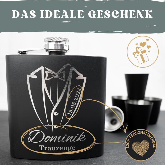 Набір фляжок з гравіюванням - Персоналізований з іменем - Ідея подарунка для весілля та чоловіків - Нержавіюча сталь (Дизайн 8)