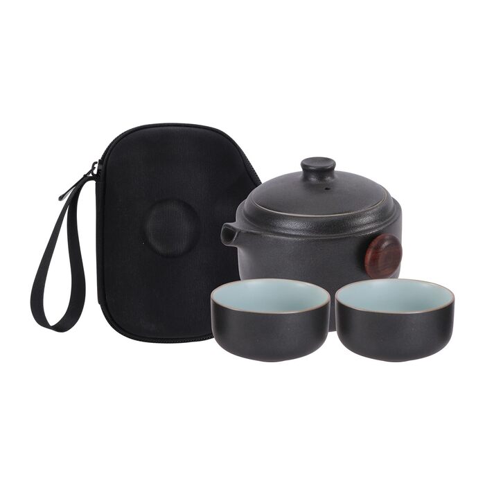 Набір для чаювання Подорожний Кунг-Фу Чайник з чорної кераміки та 2 чашки для насолоди чаєм вдома та в дорозі